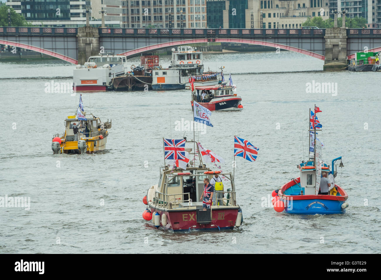 London, UK. 15th June, 2016. Nigel Farage, the leader of Ukip, joins a flotilla of fishing trawlers up the Thames to Parliament to call for the UK’s withdrawal from the EU, in a protest timed to coincide with prime minister’s questions. Credit:  Guy Bell/Alamy Live News Stock Photo