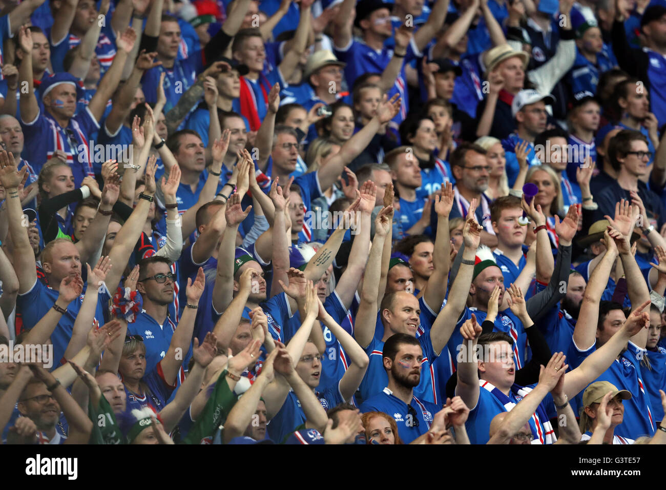 SAINT ETIENNE- FRANCE,  J UNE 2016 :  Iceland supporters in action during football match  of Euro 2016  in France between Portugal vs Island at the stade geoffroy guichard on June 14, 2016 in Saint Etienne Stock Photo