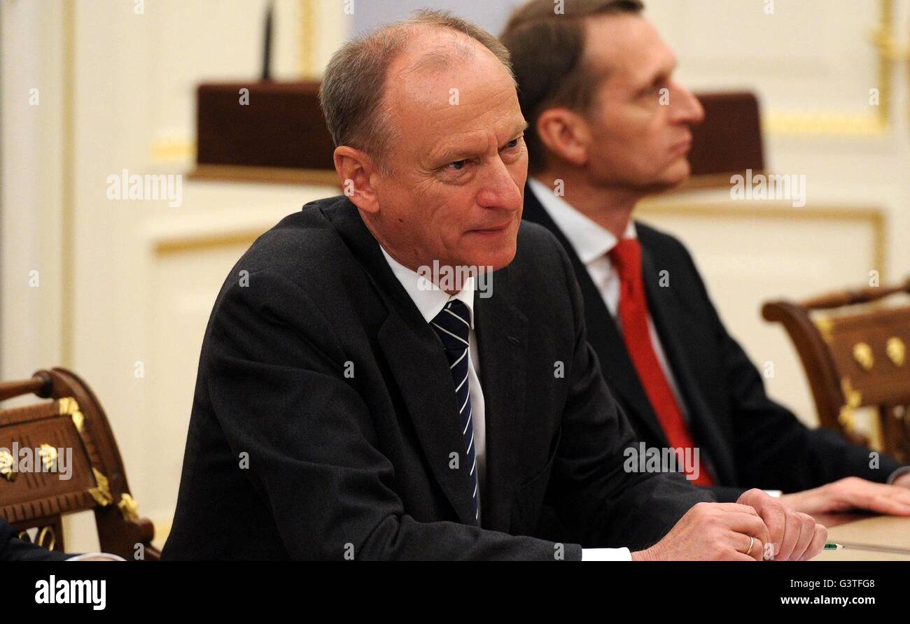 Moscow, Russia. 15th June, 2016. Secretary of the Russian Security Council Nikolai Patrushev, left, and State Duma Speaker Sergei Naryshkin during a meeting of the permanent members of Security Council held by President Vladimir Putin at the Kremlin June 15, 2016 in Moscow, Russia. The meeting discussed security for the 2018 FIFA World Cup following violence during the Euro championships in France. Credit:  Planetpix/Alamy Live News Stock Photo