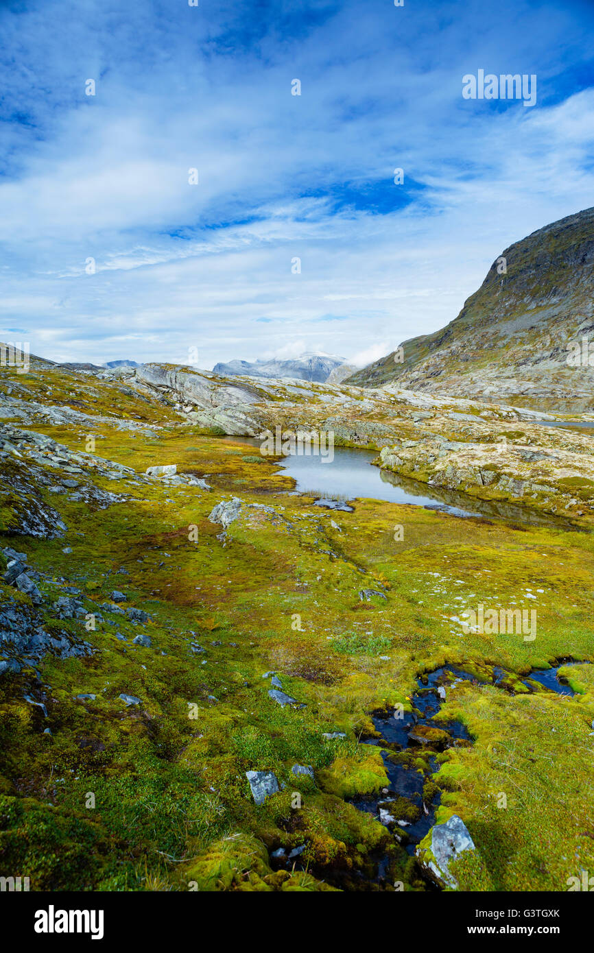Norway, More og Romsdal, Sunnmore, Landscape with grassy valley and mountain range Stock Photo