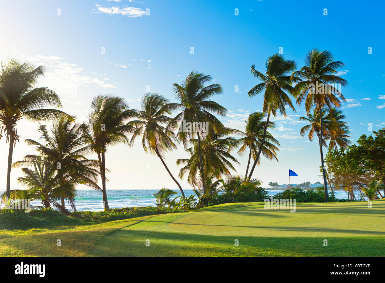Trinidad and Tobago, Lowlands, Tobago Plantations Estate, View of golf course at seaside Stock Photo