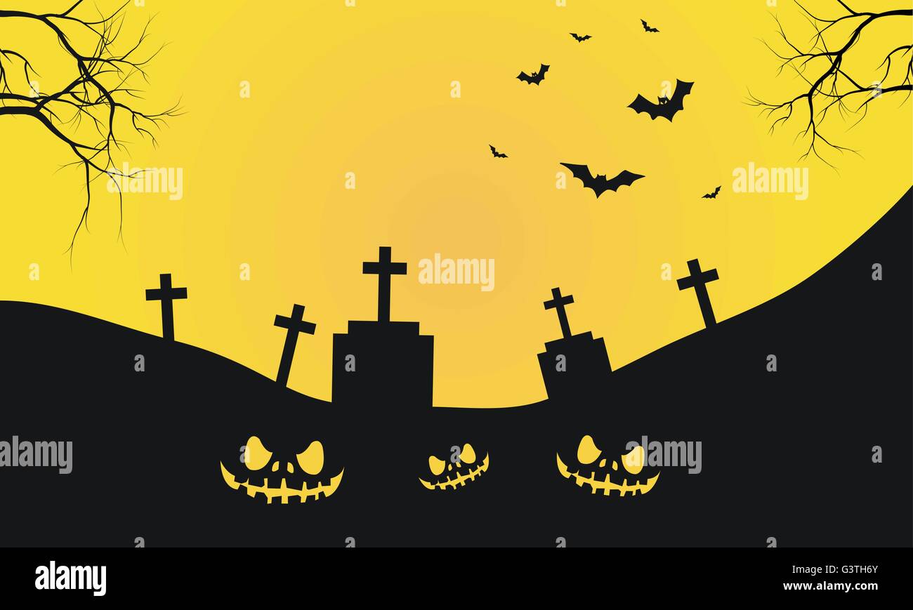 Halloween with graves and scary face silhouette Stock Vector
