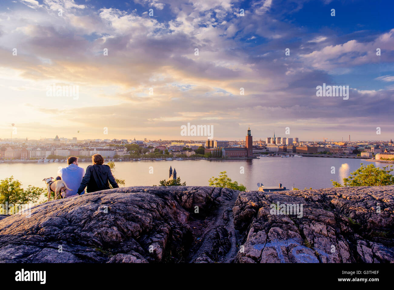 Sweden, Stockholm, Sodermalm, Skinnarviksparken, Skinnarviksberget, People spending evening in park Stock Photo