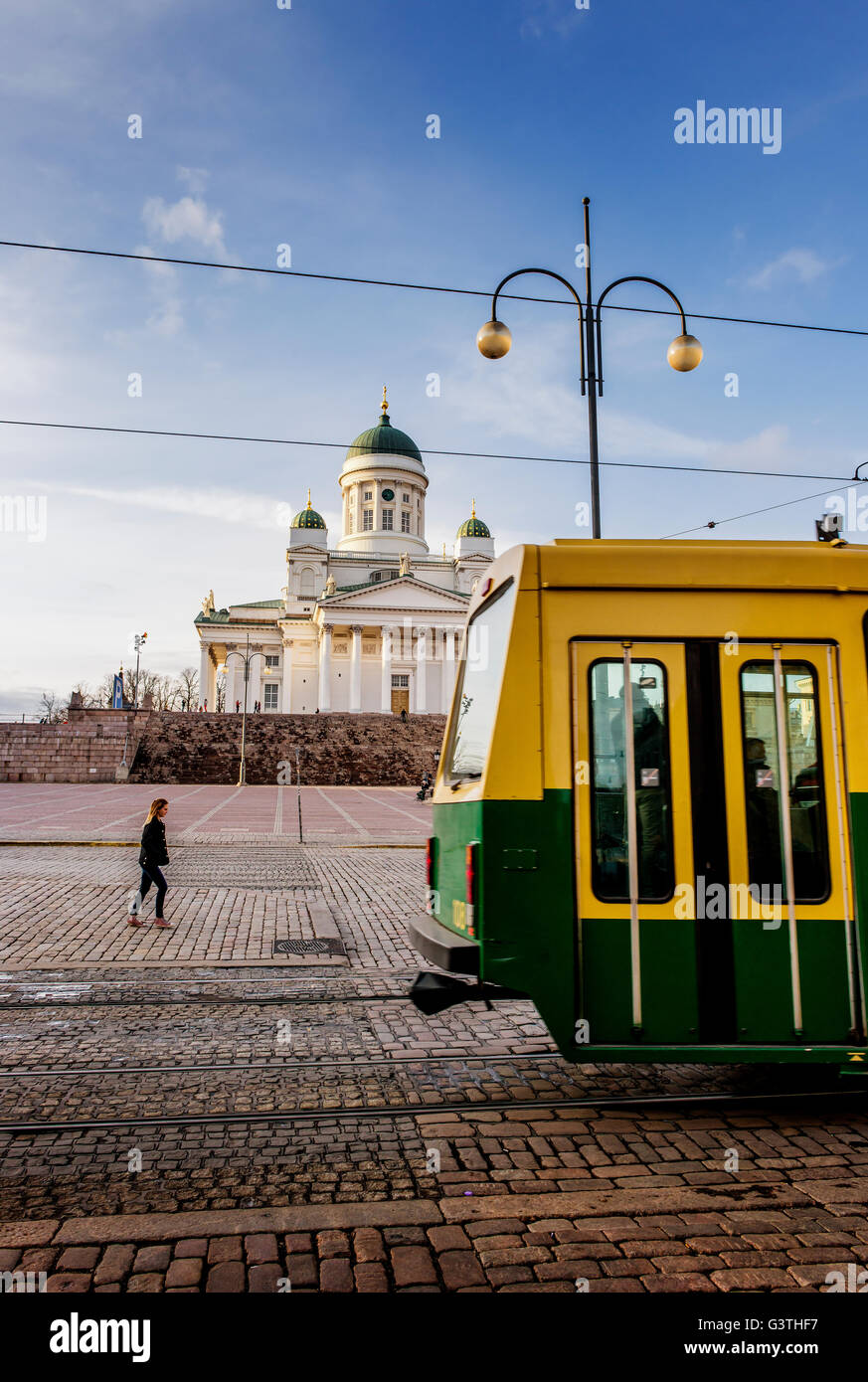 Finland, Helsinki, Krohohagen, Cable car, Helsinki Lutheral Cathedral in background Stock Photo