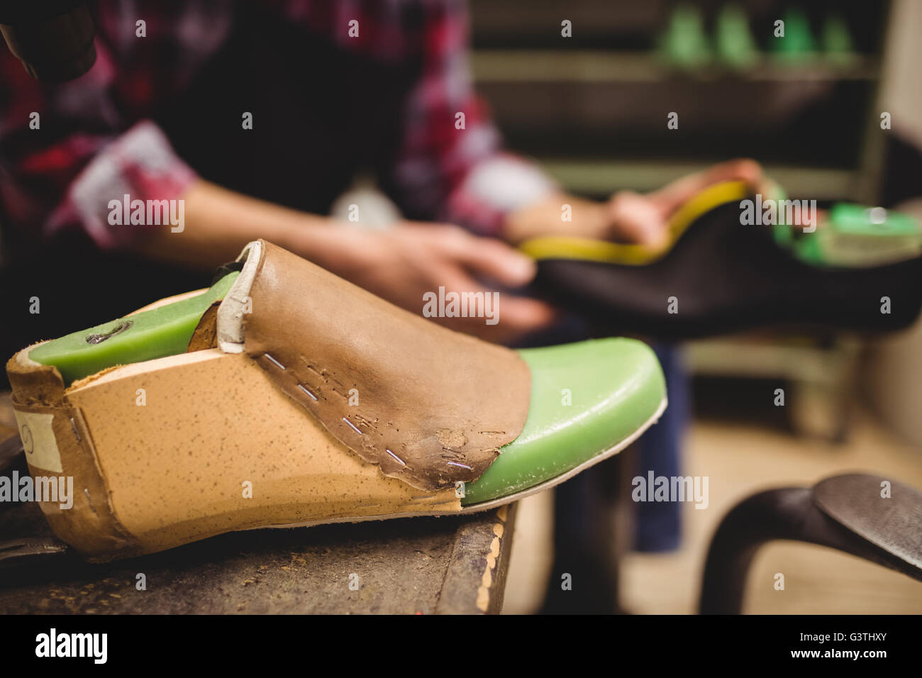 Focus on foreground of a pattern of shoes Stock Photo