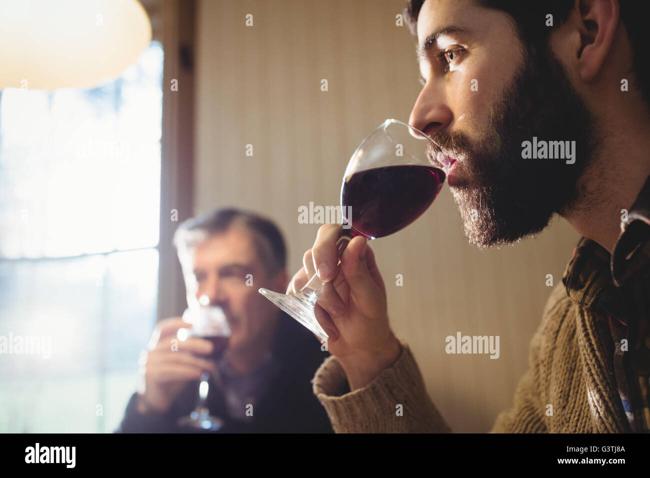 Portrait of hipster and mature man drinking red wine Stock Photo