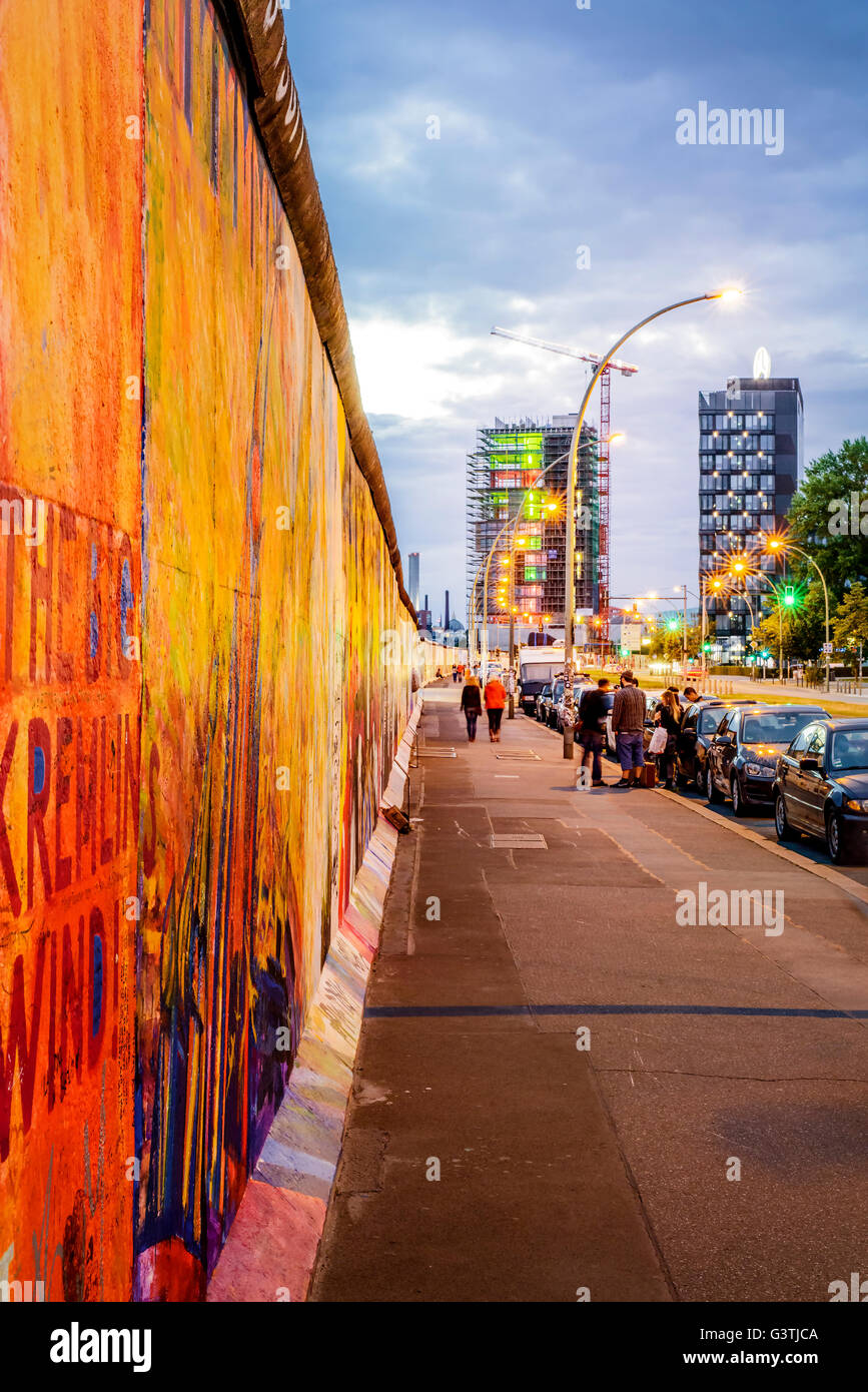 Germany, Berlin, East Side Gallery, View along Berlin Wall at dawn Stock Photo