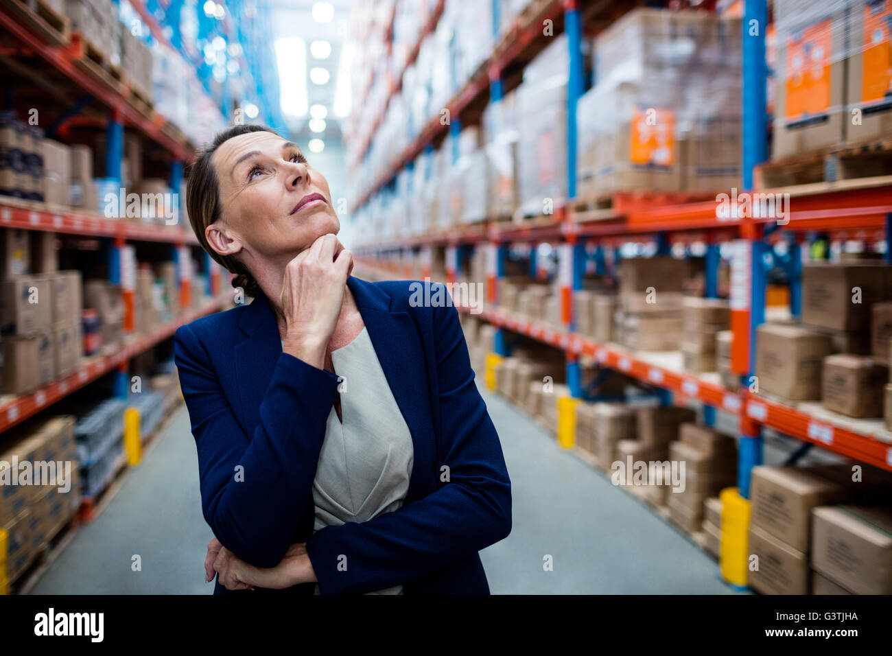 Warehouse manager looking up Stock Photo