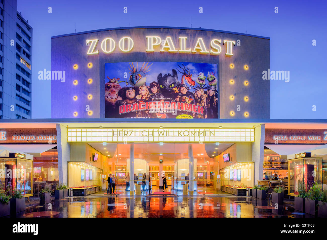 Germany, Berlin, Kurfurstendamm, Illuminated facade of Zoo Palast movie theater Stock Photo