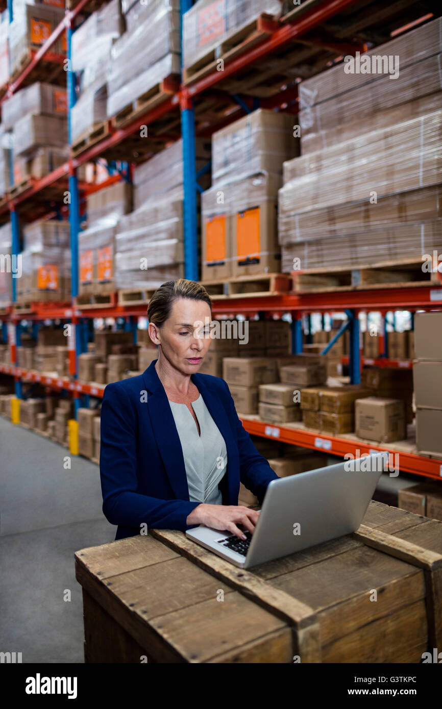 Warehouse manager looking her laptop Stock Photo