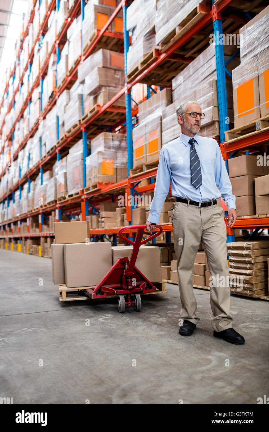Warehouse manager walking in aisle with a pallet truck Stock Photo