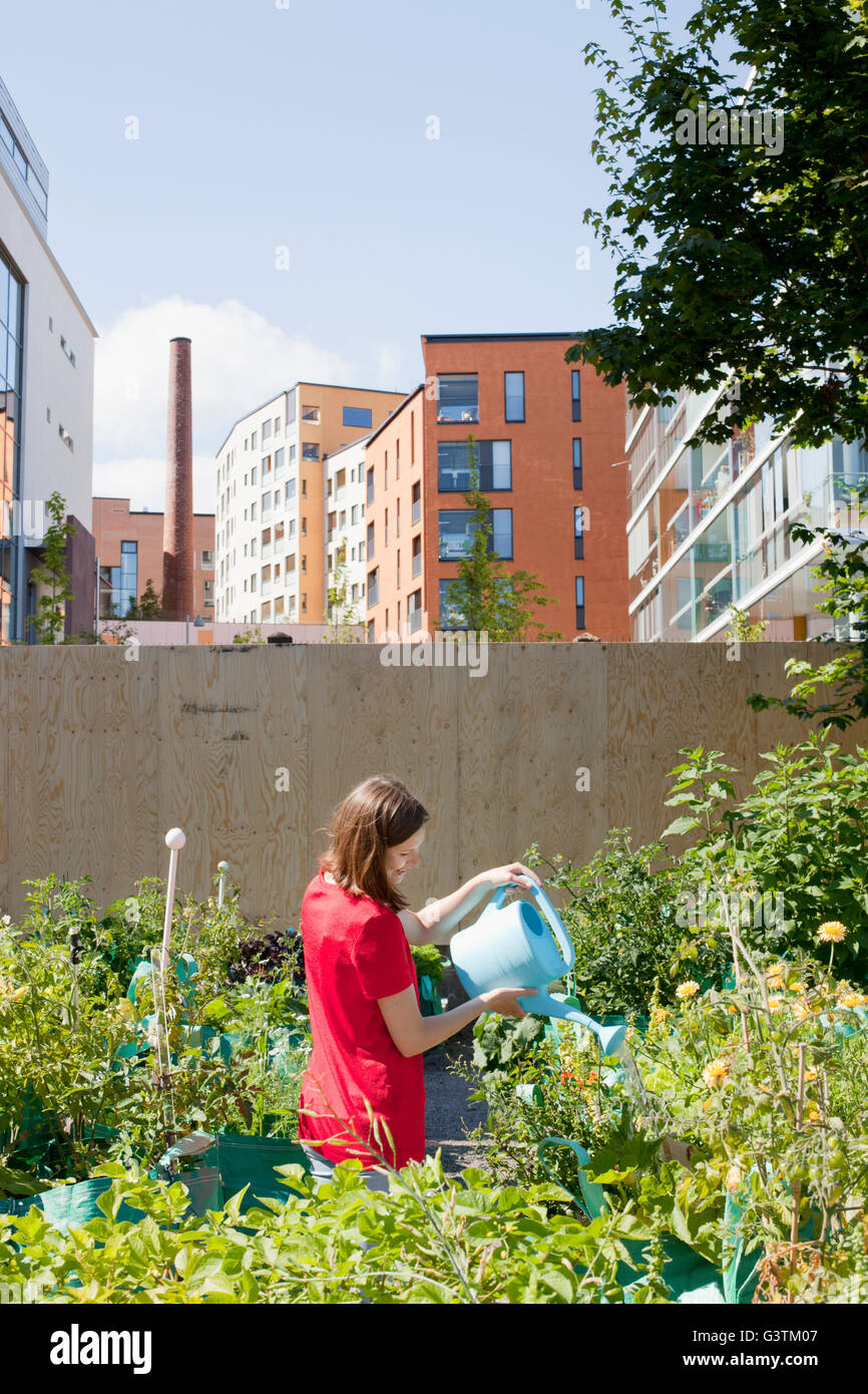 Finland, Helsinki, Sornainen, Woman watering flowers in garden by apartment buildings Stock Photo