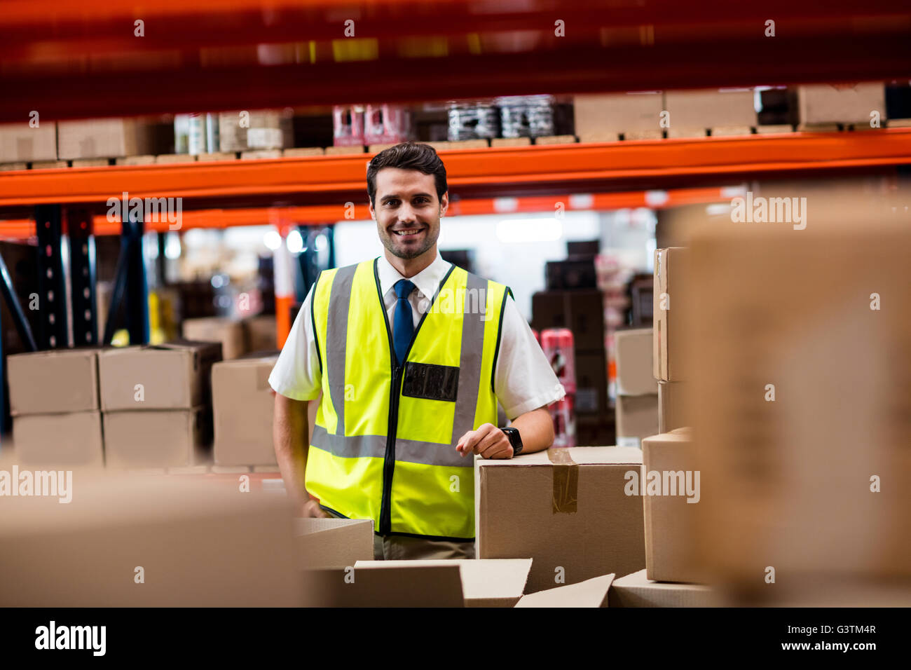 Warehouse manager standing with boxes Stock Photo