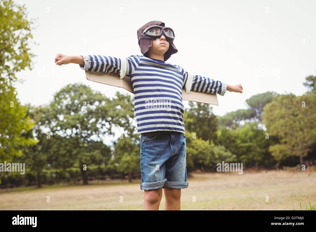 Little boy with airplane wings Stock Photo