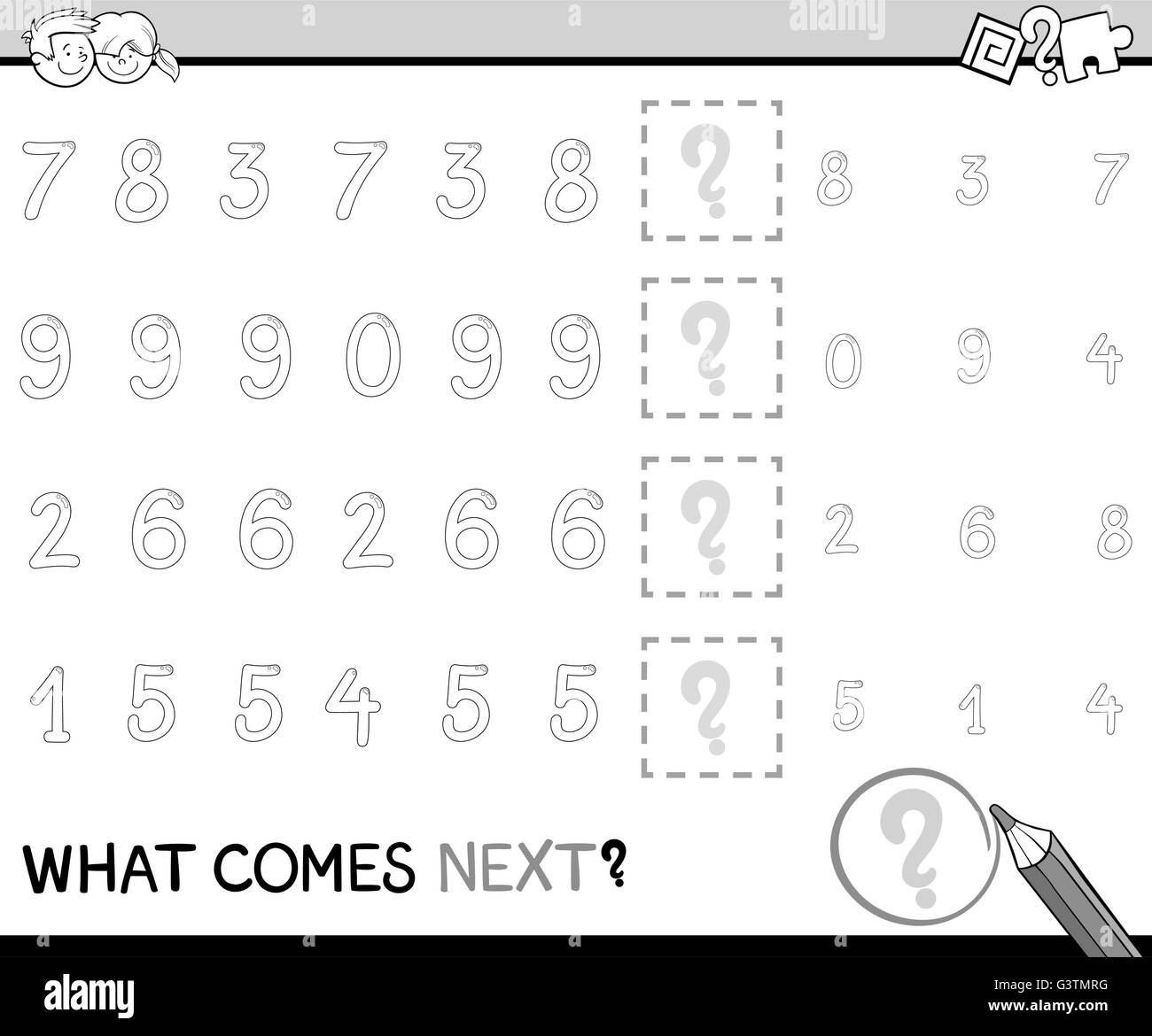 Black and White Cartoon Illustration of Completing the Pattern ...