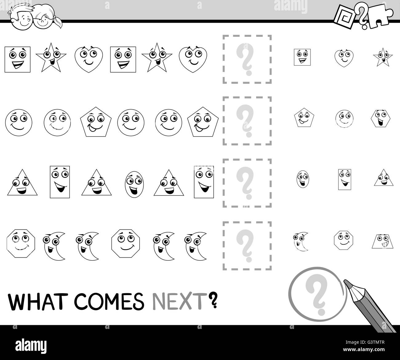 Black and White Cartoon Illustration of Completing the Pattern ...