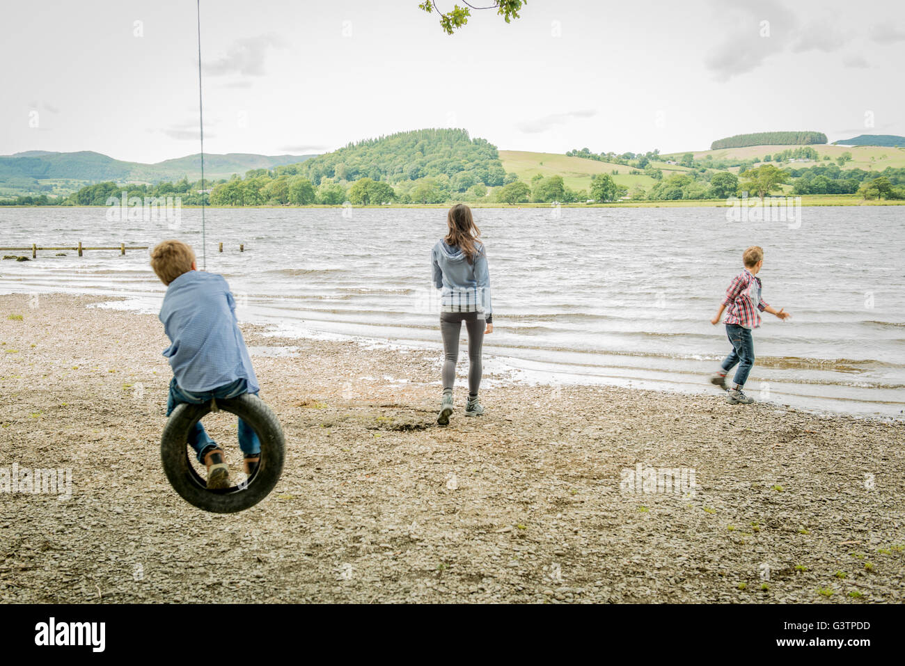 A girl and two boys playing on a tyre hanging from a tree on the shore beside Bala Lake in Wales. Stock Photo