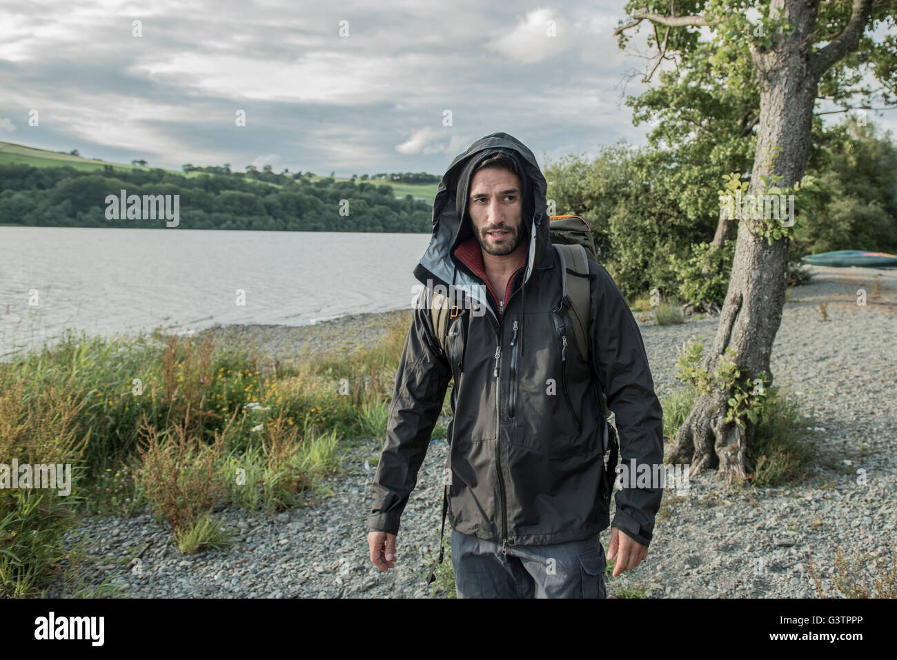 A bearded man in hiking clothes walking on the shore of Bala Lake in Wales. Stock Photo