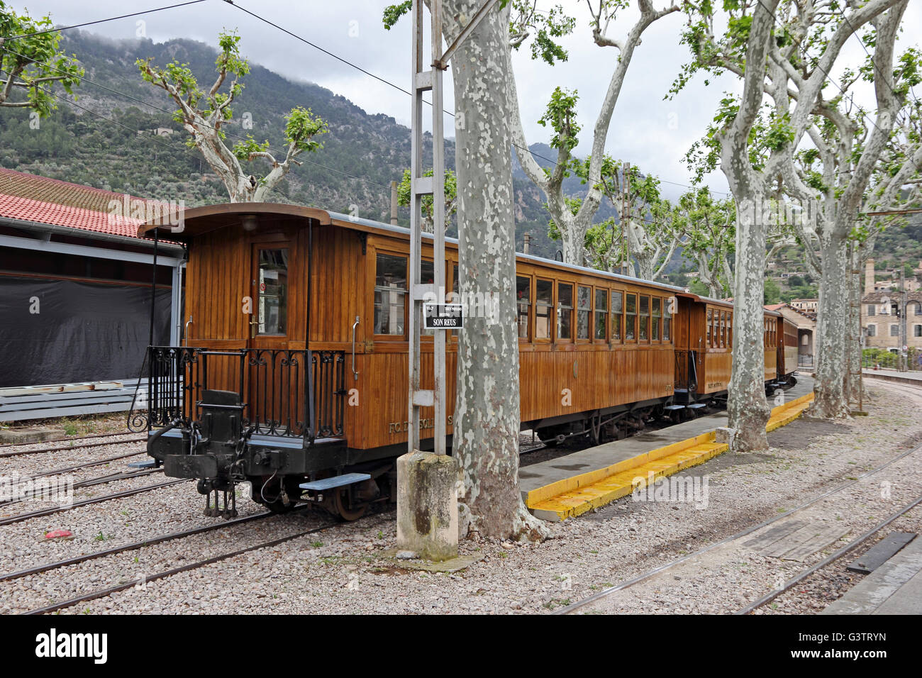 Old railway carriages at station, Soller, Mallorca Stock Photo