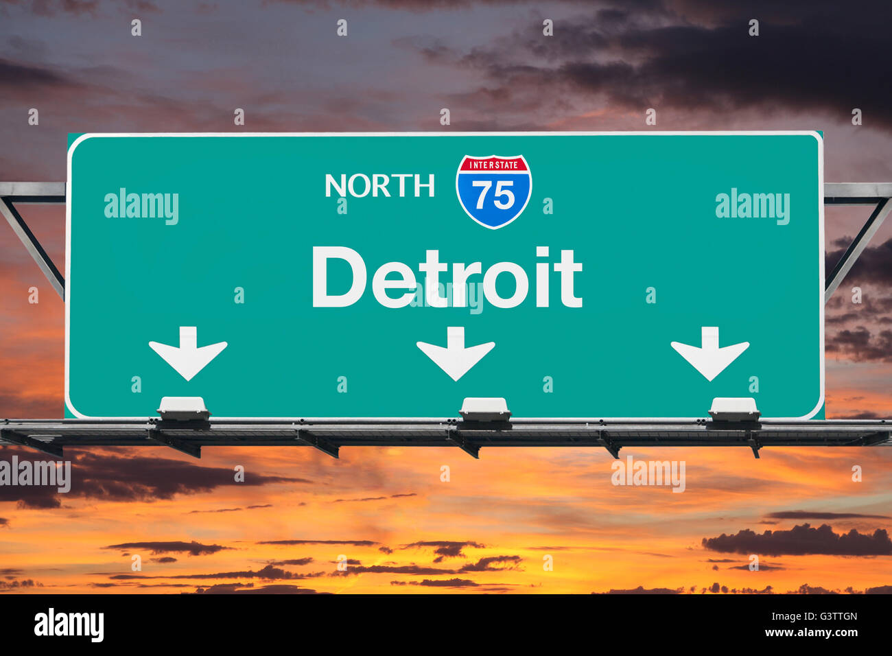 Detroit Michigan Interstate 75 north highway sign with sunrise sky. Stock Photo