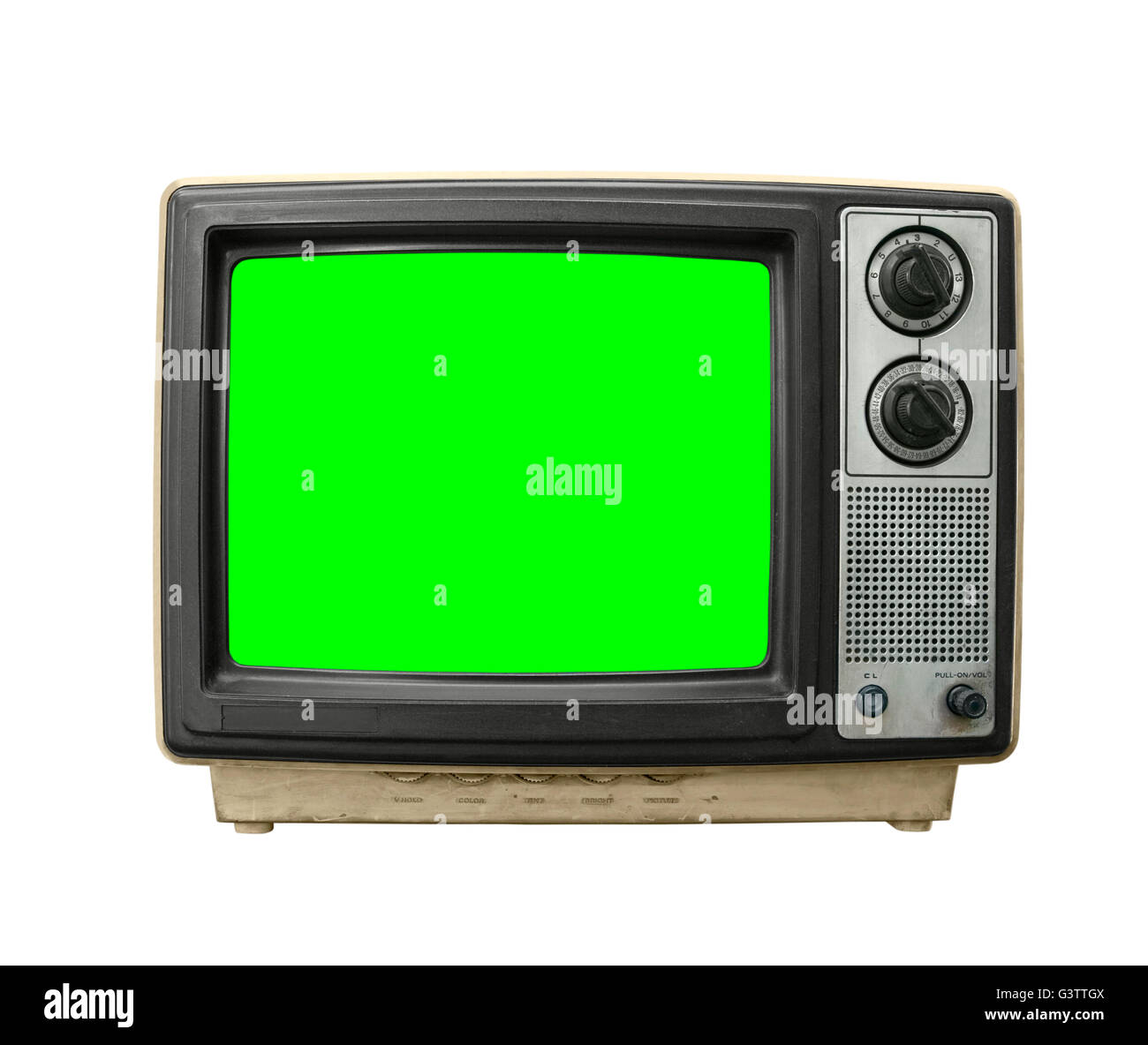 Grungy dirty old television on white with chroma key green screen. Stock Photo