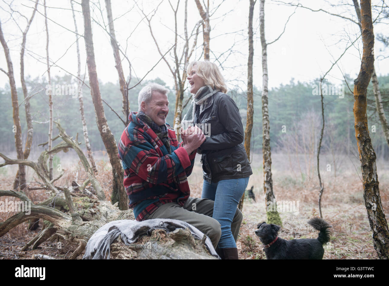 Senior couple enjoying a break with their dog during a woodland walk