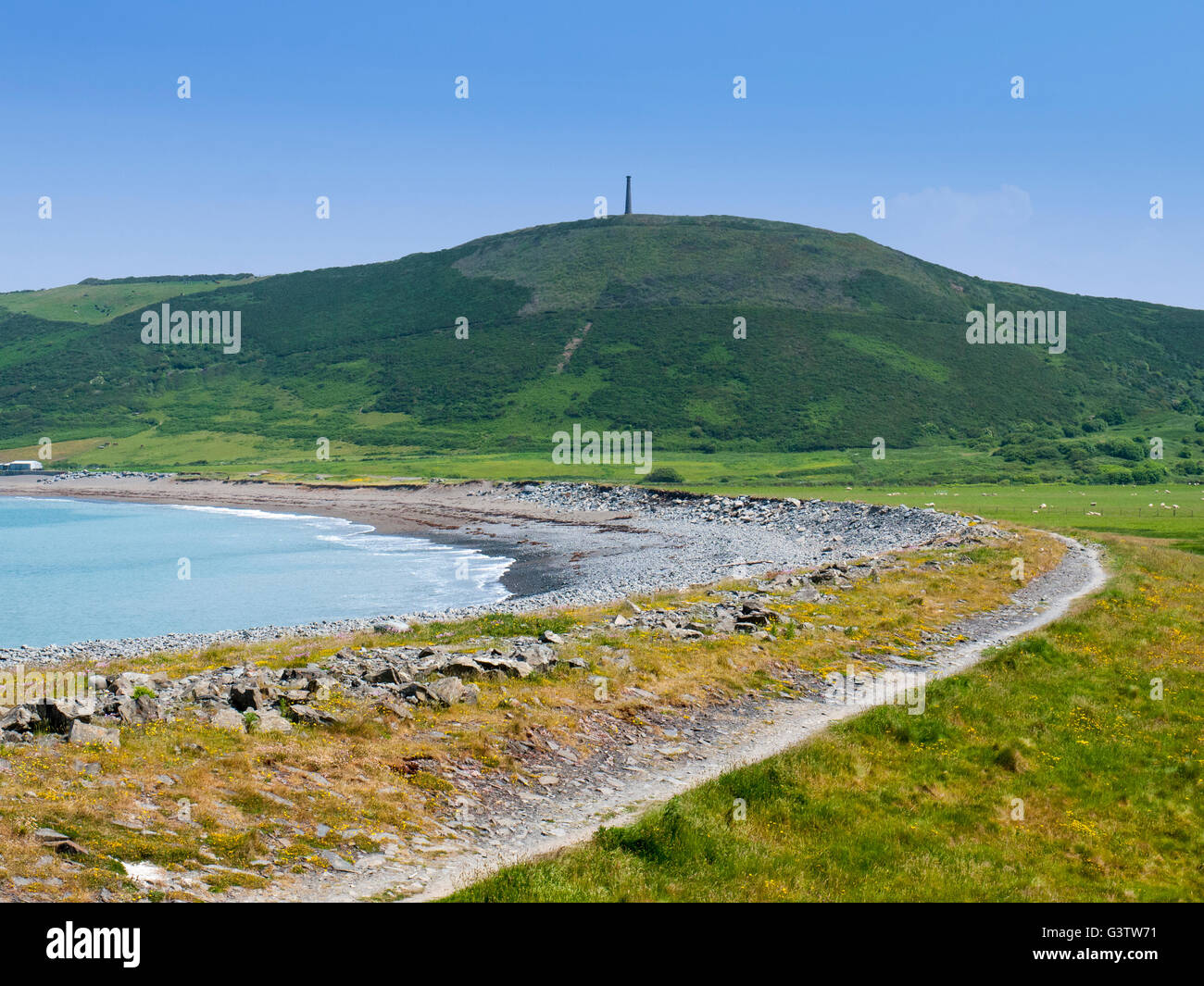 Tan Y Bwich beach with Wellington monument on top of Pen Dinas in distance, Aberystwyth Ceredigion Wales UK Stock Photo