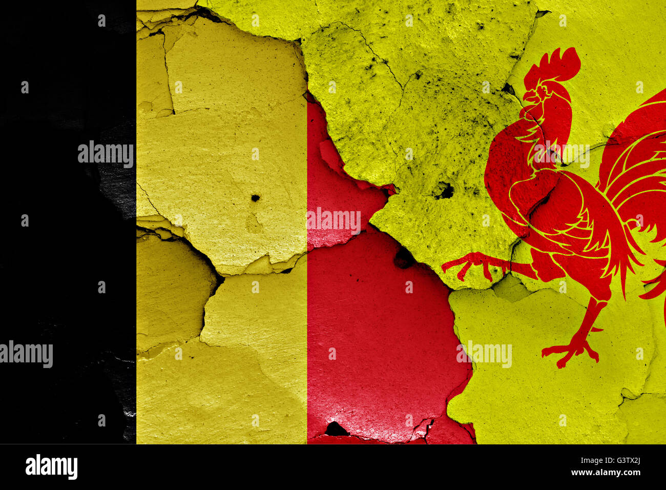 flags of Belgium and Wallonia painted on cracked wall Stock Photo