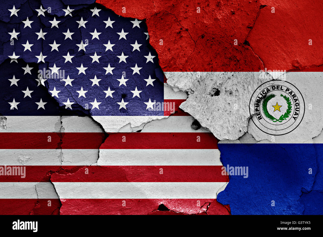 flags of USA and Paraguay painted on cracked wall Stock Photo - Alamy