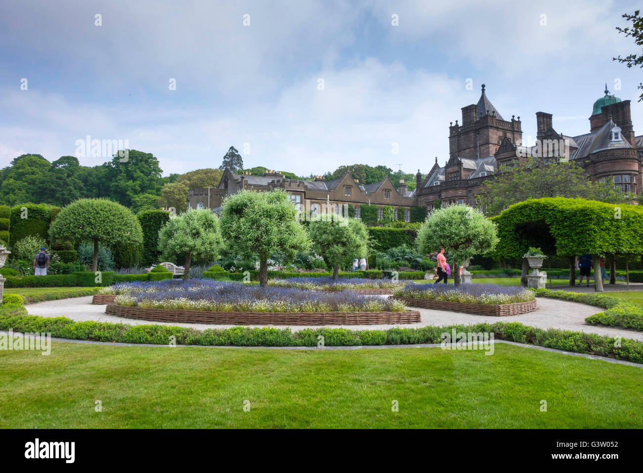 Holker Hall from the Summer Garden in the formal gardens in the estate of  Cark in Cartmel Cumbria UK Stock Photo