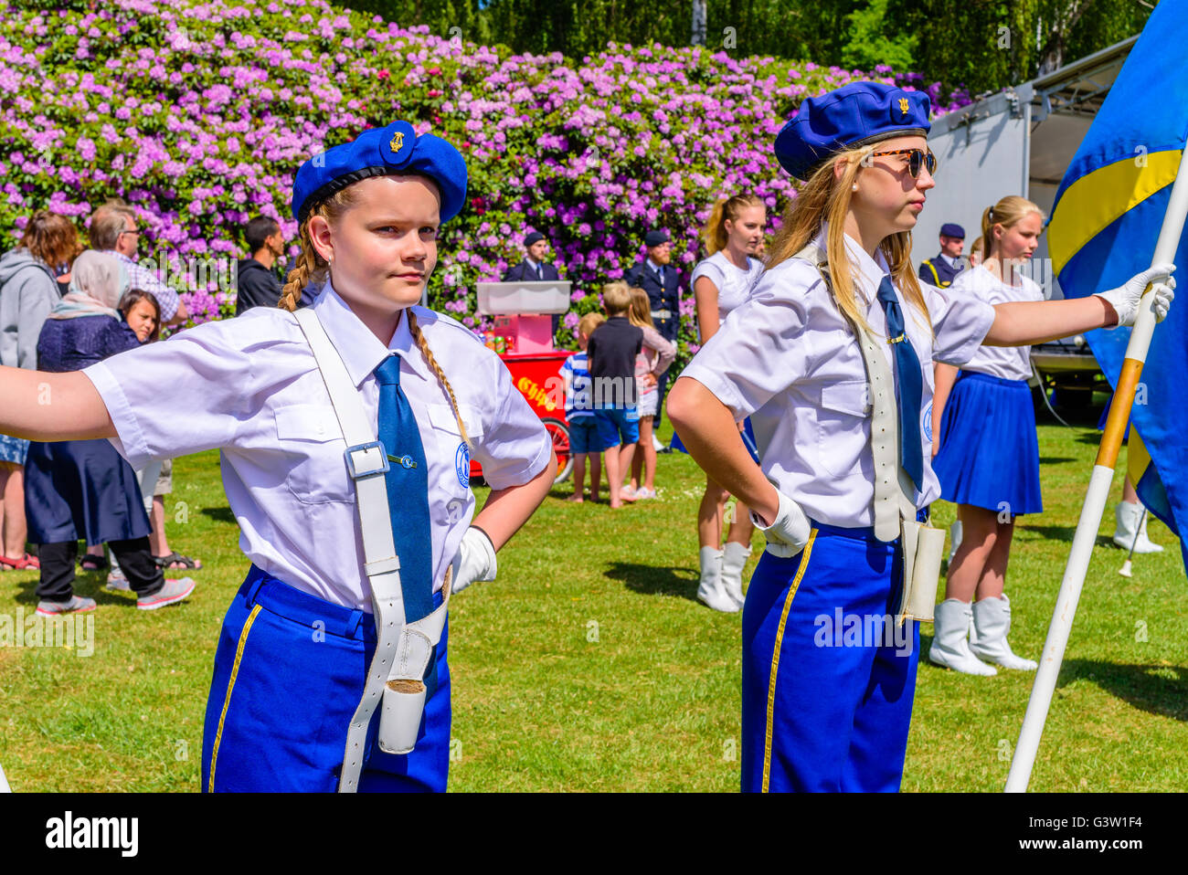 Ronneby, Sweden - June 6, 2016: The Swedish national day celebration in public park. Ronneby skolorkester (school orchestra) fem Stock Photo