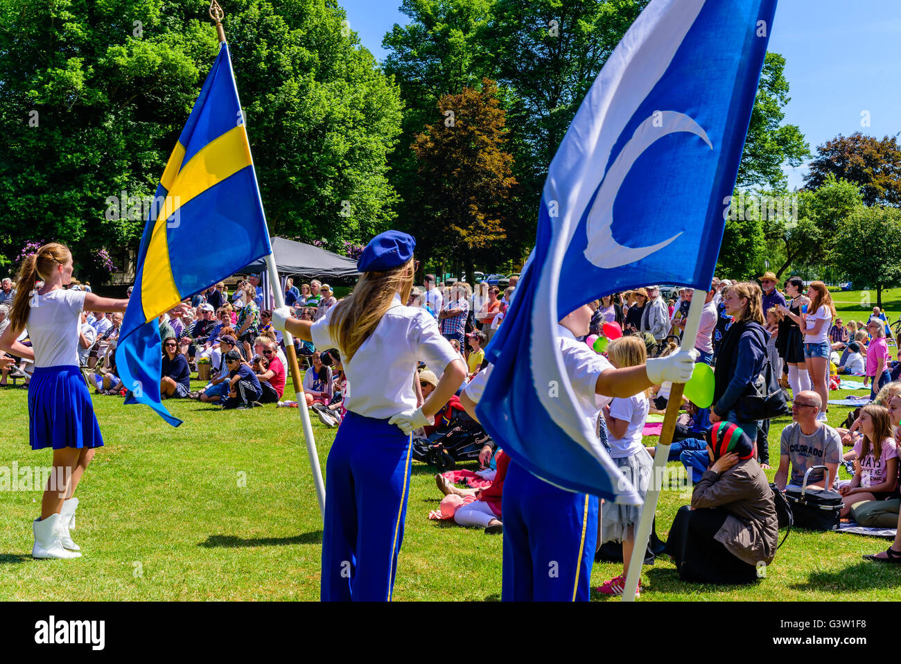 Ronneby, Sweden - June 6, 2016: The Swedish national day celebration in public park. Ronneby skolorkester (school orchestra) fem Stock Photo