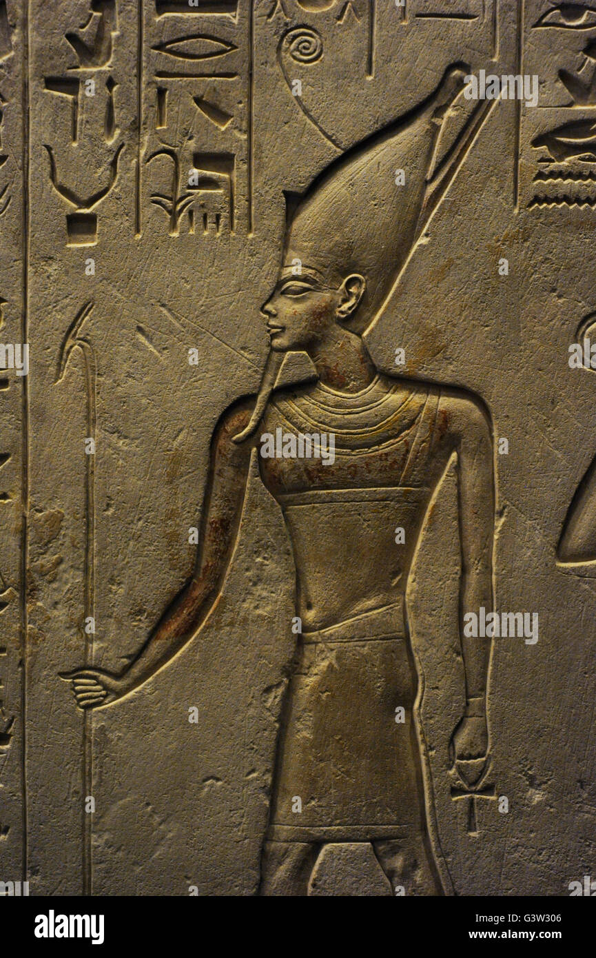 Ancient Egypt. Stele of Haremheb, head of the Army to reign Tutankhamen. The deceased adoring three gods  Detail Atum. Limestone. 14th-13th century BC. New Kigndom (18th Dynasty). Saqqara. The State Hermitage Museum. Saint Petersburg. Russia. Stock Photo