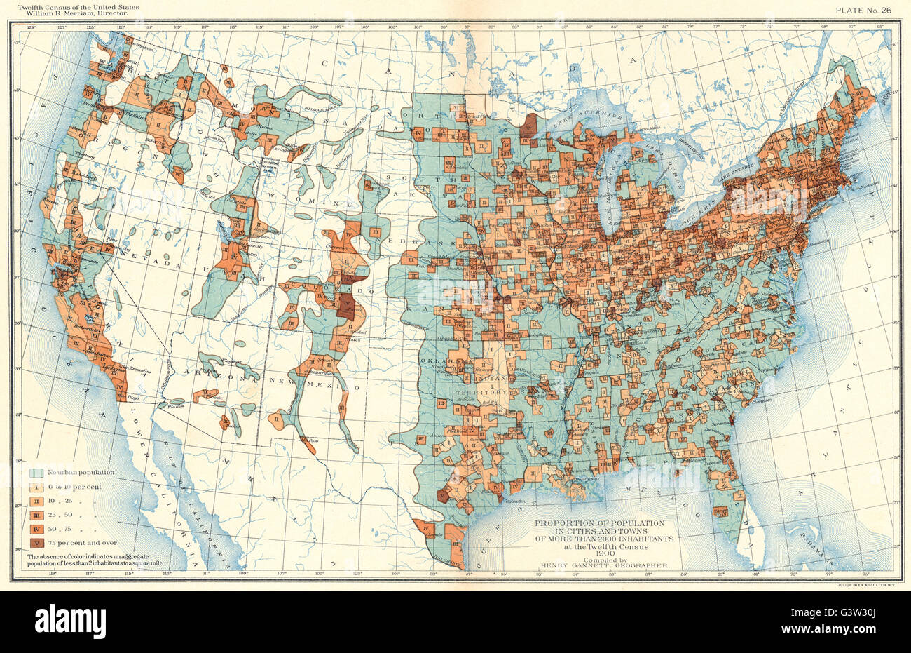 USA: Proportion of population in cities & towns 2000+ Inhabitants , 1900 map Stock Photo