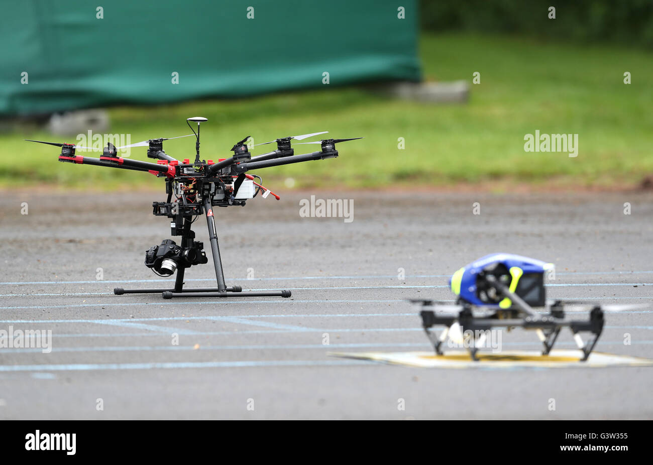 Camera drones prepare to film during a training session at Stade de Bourgognes, Chantilly Stock