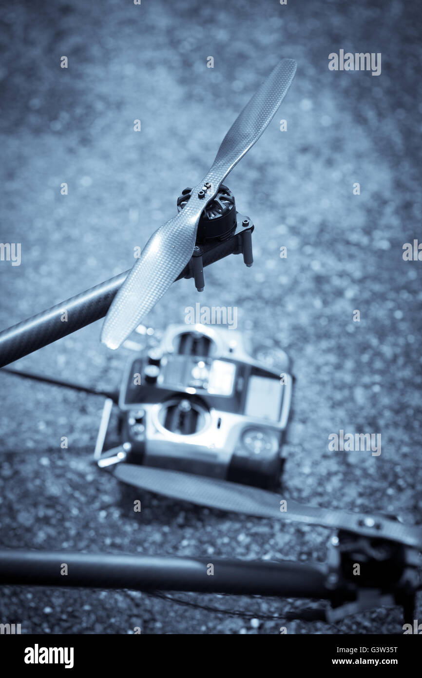 Close up shot of one of the propellers form an octocopter drone with a remote controller Stock Photo Alamy