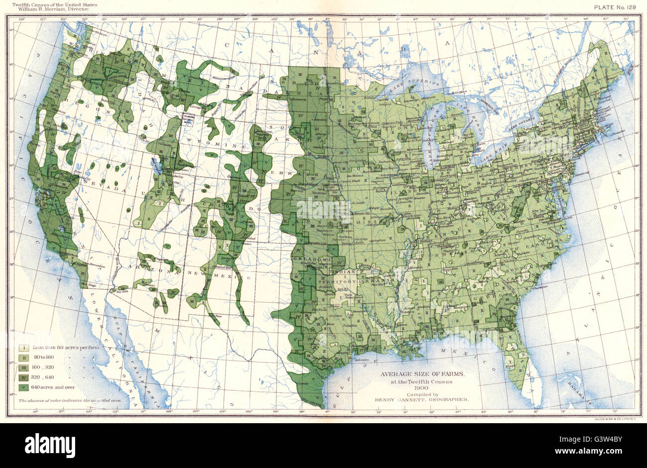 USA: Average size of farms at the twelfth census , 1900 antique map Stock Photo