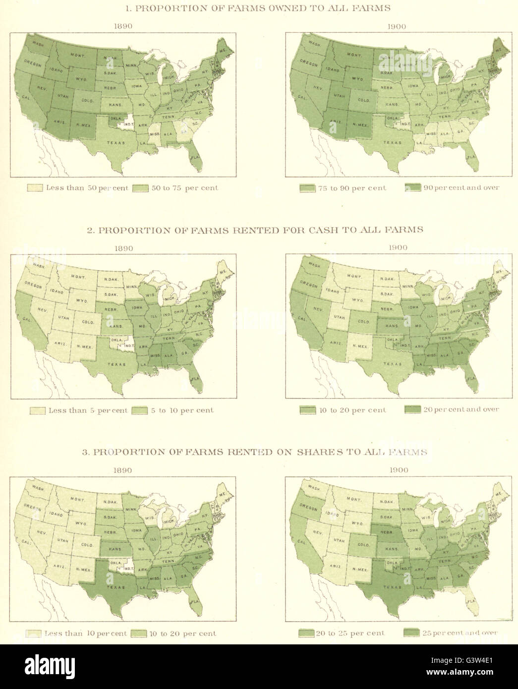 USA: Proportion of farms owned rented , 1900 antique map Stock Photo
