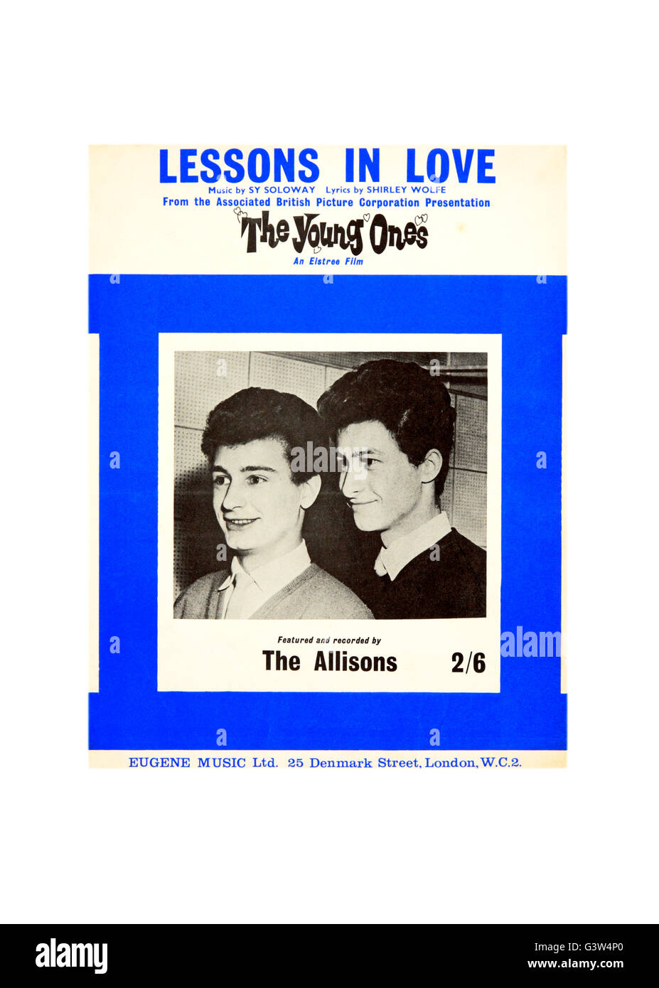 A sheet music cover for Lessons in Love from the film The Young Ones recorded by The Allisons. Stock Photo