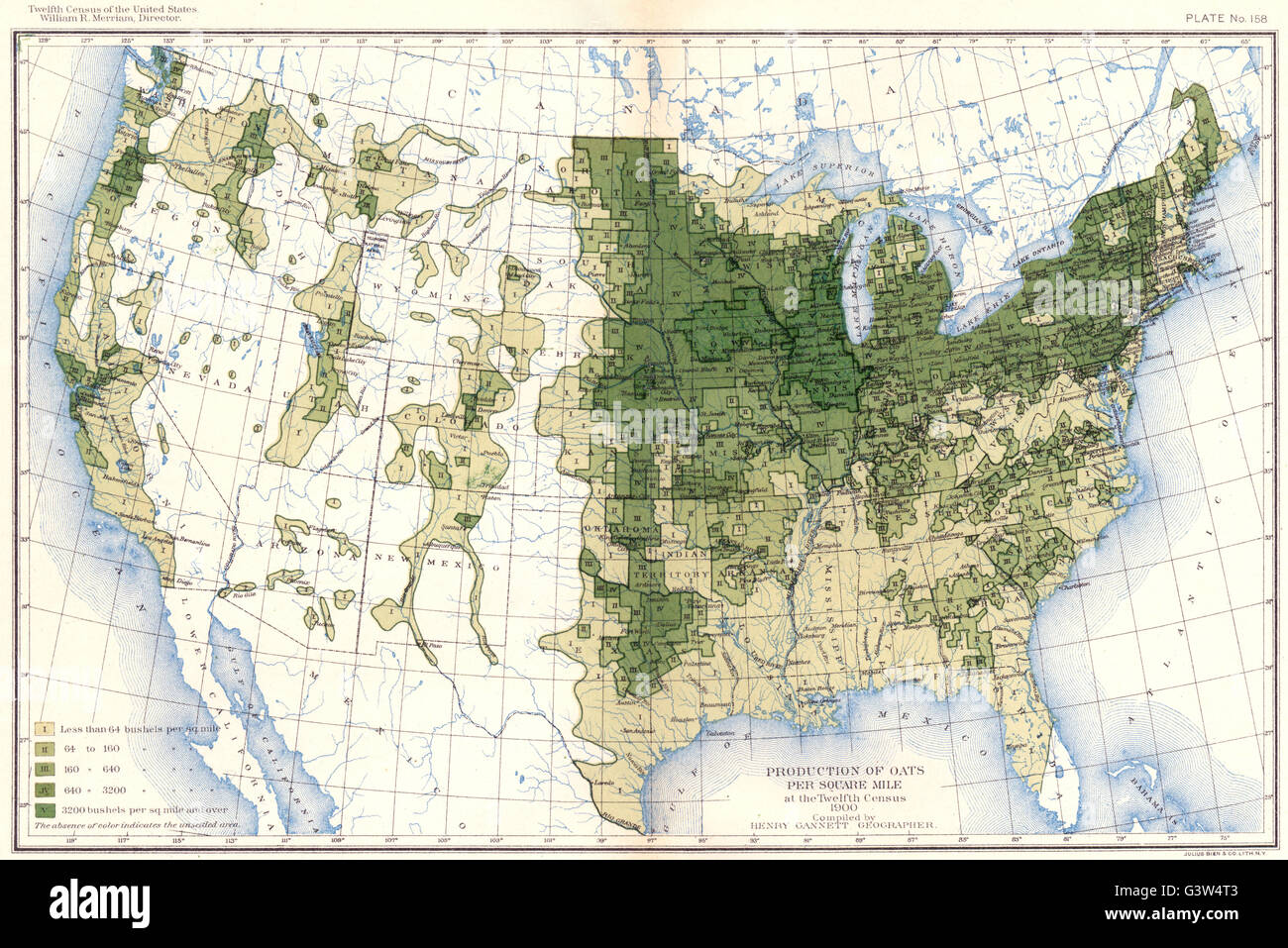 USA: Production of Oats / sq mile at 12th census , 1900 antique map Stock Photo