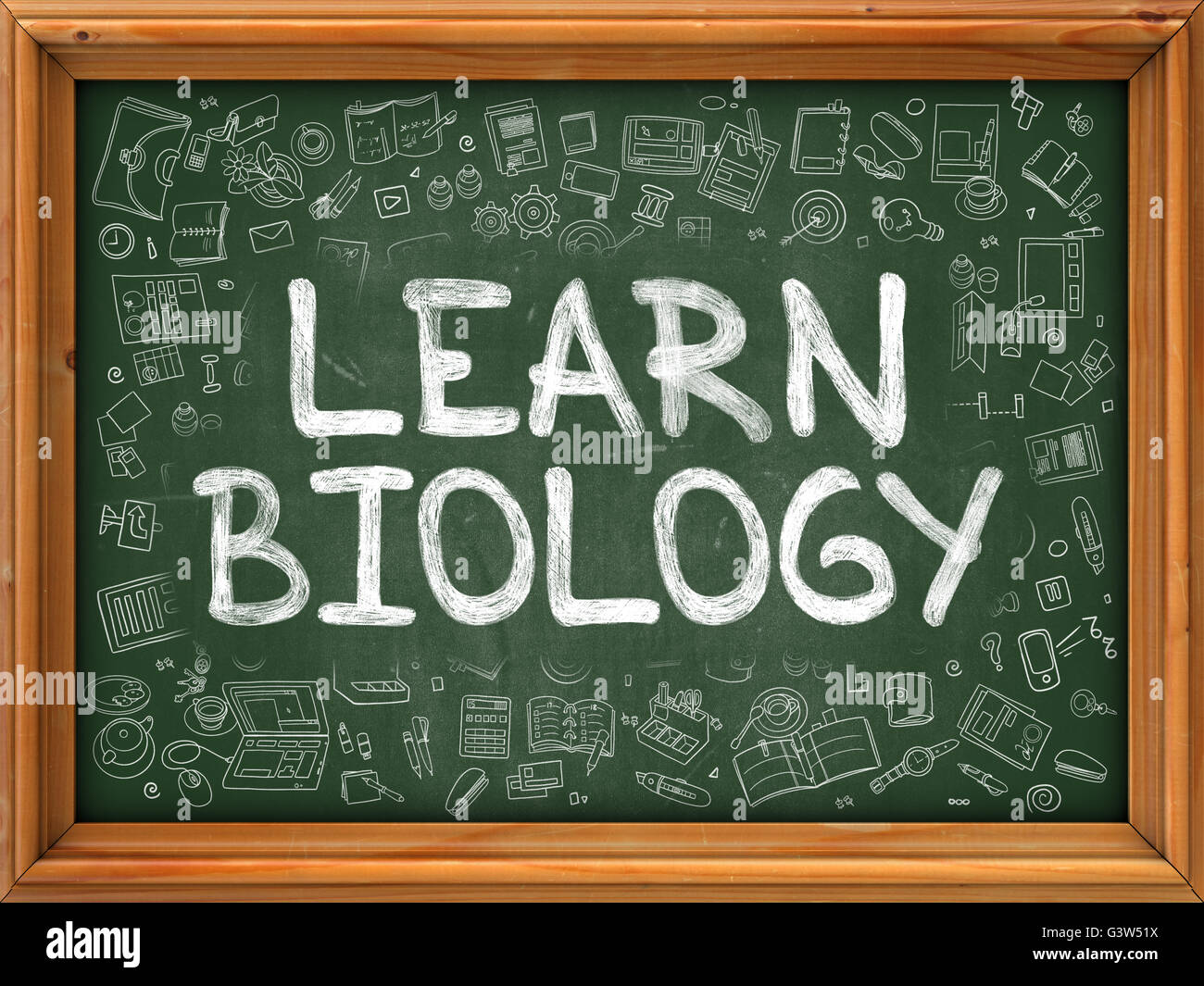 Learn Biology Concept. Green Chalkboard with Doodle Icons. Stock Photo