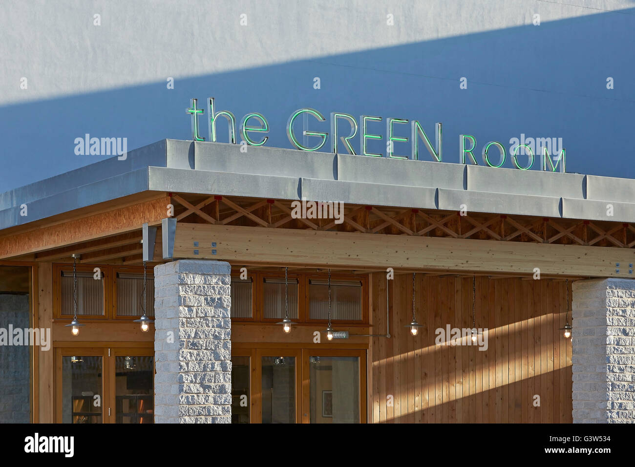 Roof and cladding detail with signage. The Green Room, London, United