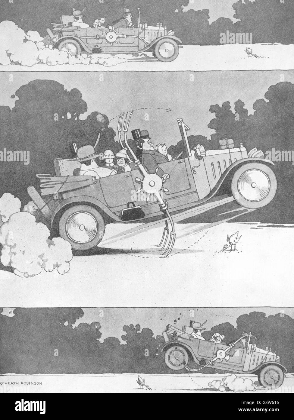 HEATH ROBINSON: New safety-fork adjustment motor-cars protection chickens, 1920 Stock Photo