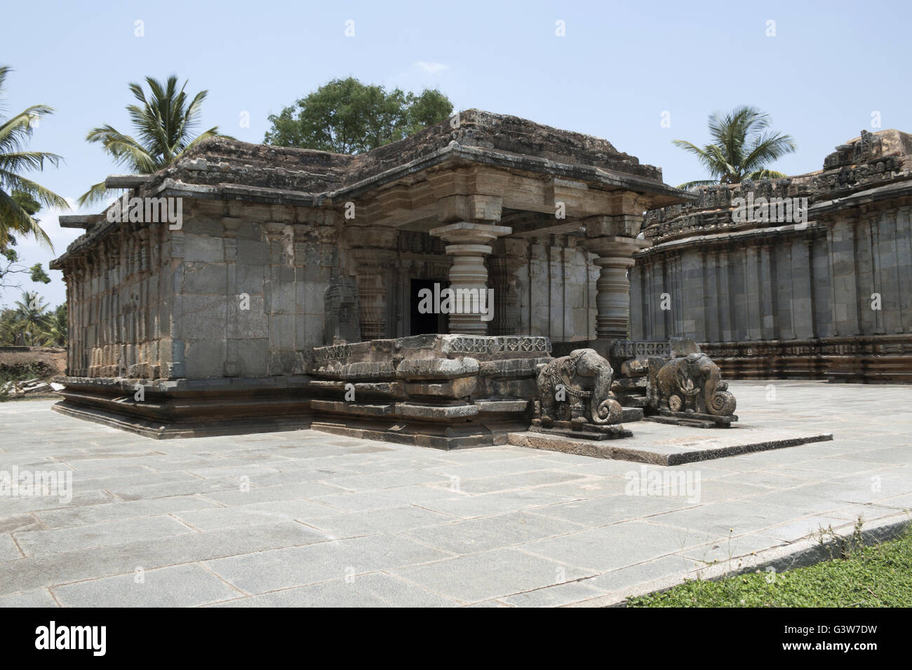 Side view of Adinataha Basadi, Basadi Halli jain temple complex, Karnataka, India. See the Elephant balustrades at the entrance. Stock Photo