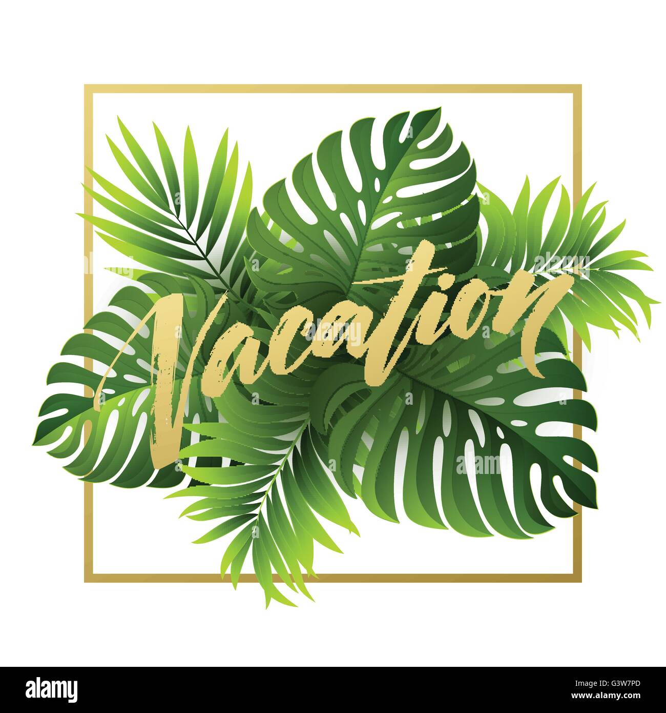 Summer vacation handwriting. Typography, lettering and calligraphy. Poster and flyer design template. The palm and monstera leaves. Vector illustration Stock Vector