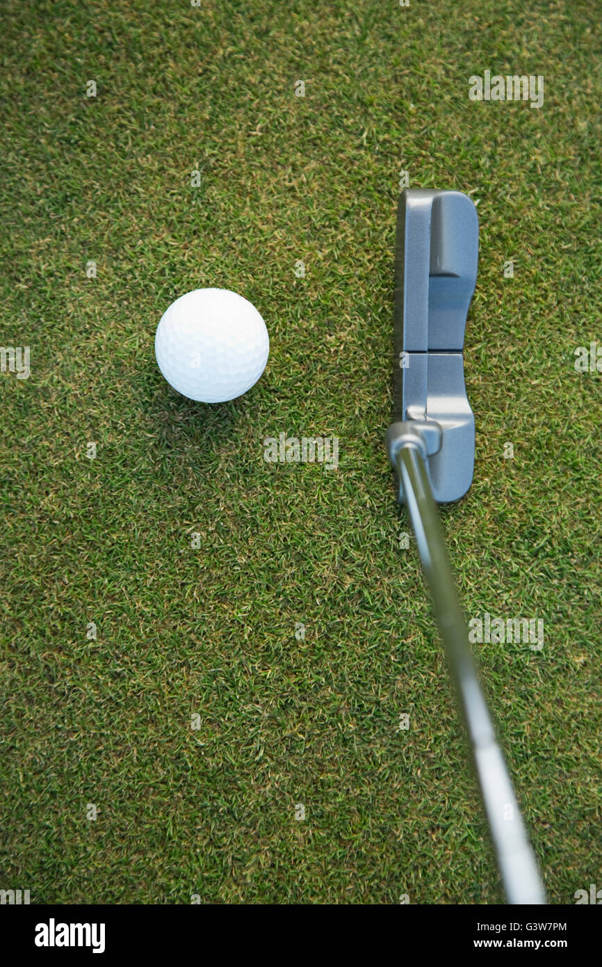 Putter by golf ball on course Stock Photo