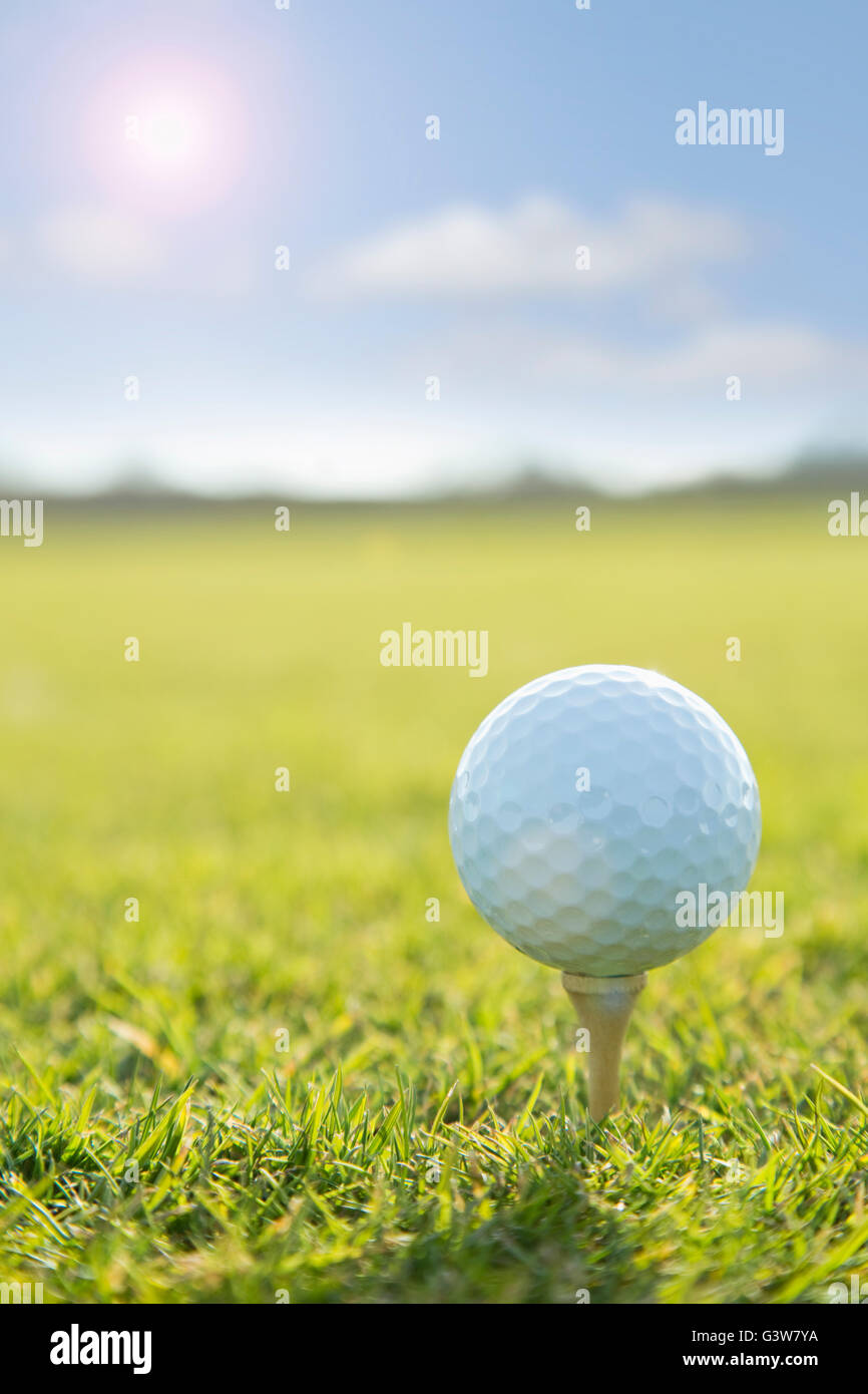 Golf ball on tee on golf course at sunlight Stock Photo