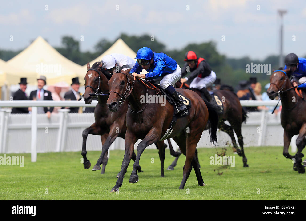Usherette ridden by jockey Mickael Barzalona on his way to winning the Duke of Cambridge Stakes during day two of Royal Ascot 2016, at Ascot Racecourse. Stock Photo