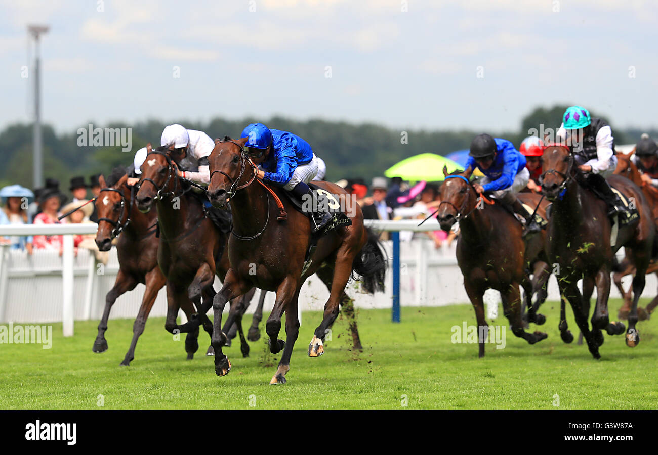 Usherette ridden by jockey Mickael Barzalona on his way to winning the Duke of Cambridge Stakes during day two of Royal Ascot 2016, at Ascot Racecourse. Stock Photo