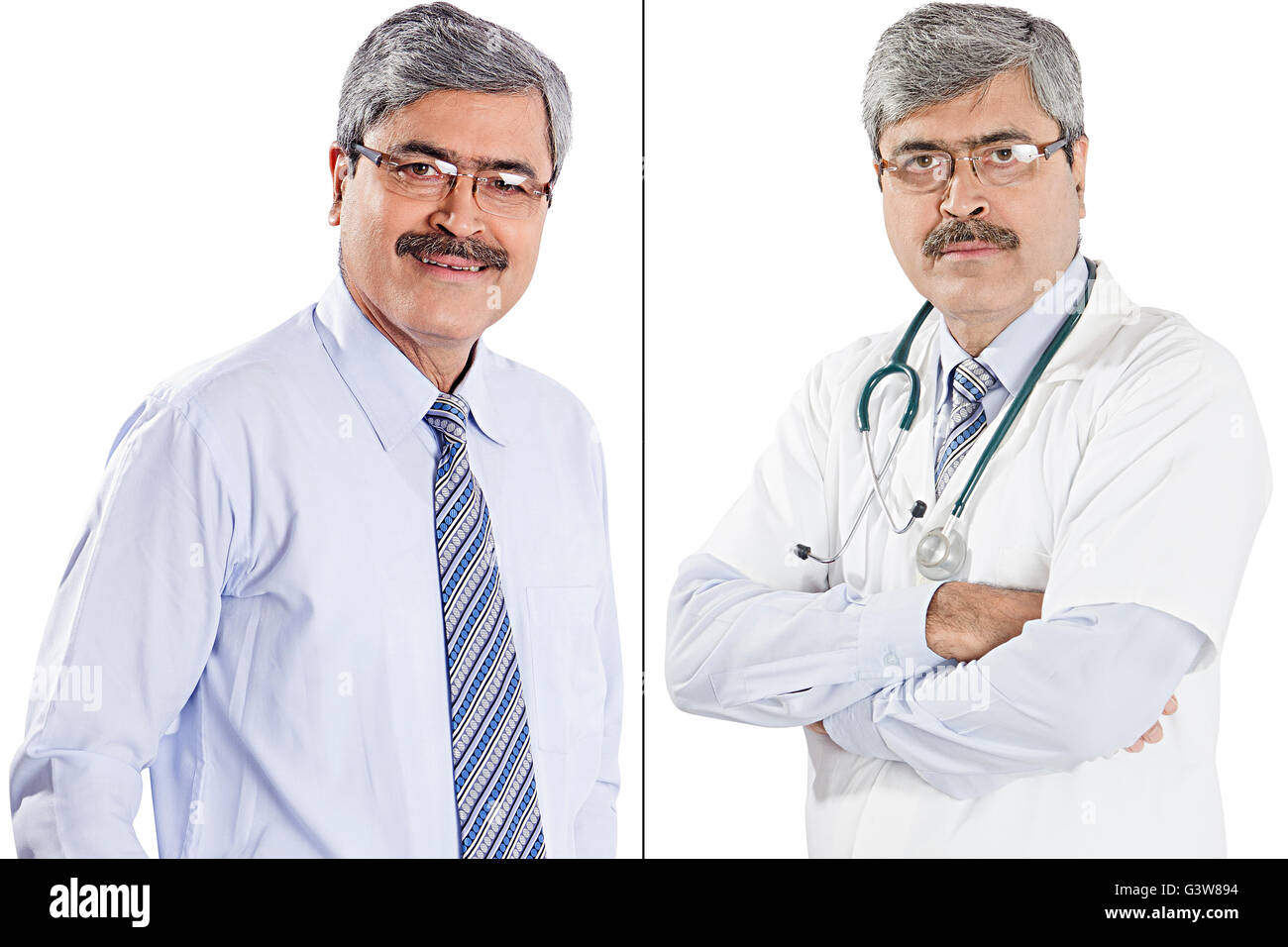 2 People Adult Man Digitally Enhanced Doctor Identity Men Only Multiple Personality Senior Smiling Standing Stock Photo